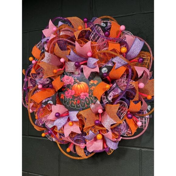 Fall Wreath For Front Door Halloween Pumpkin Orange Pink Purple Handmade 24 inch - Picture 4 of 7